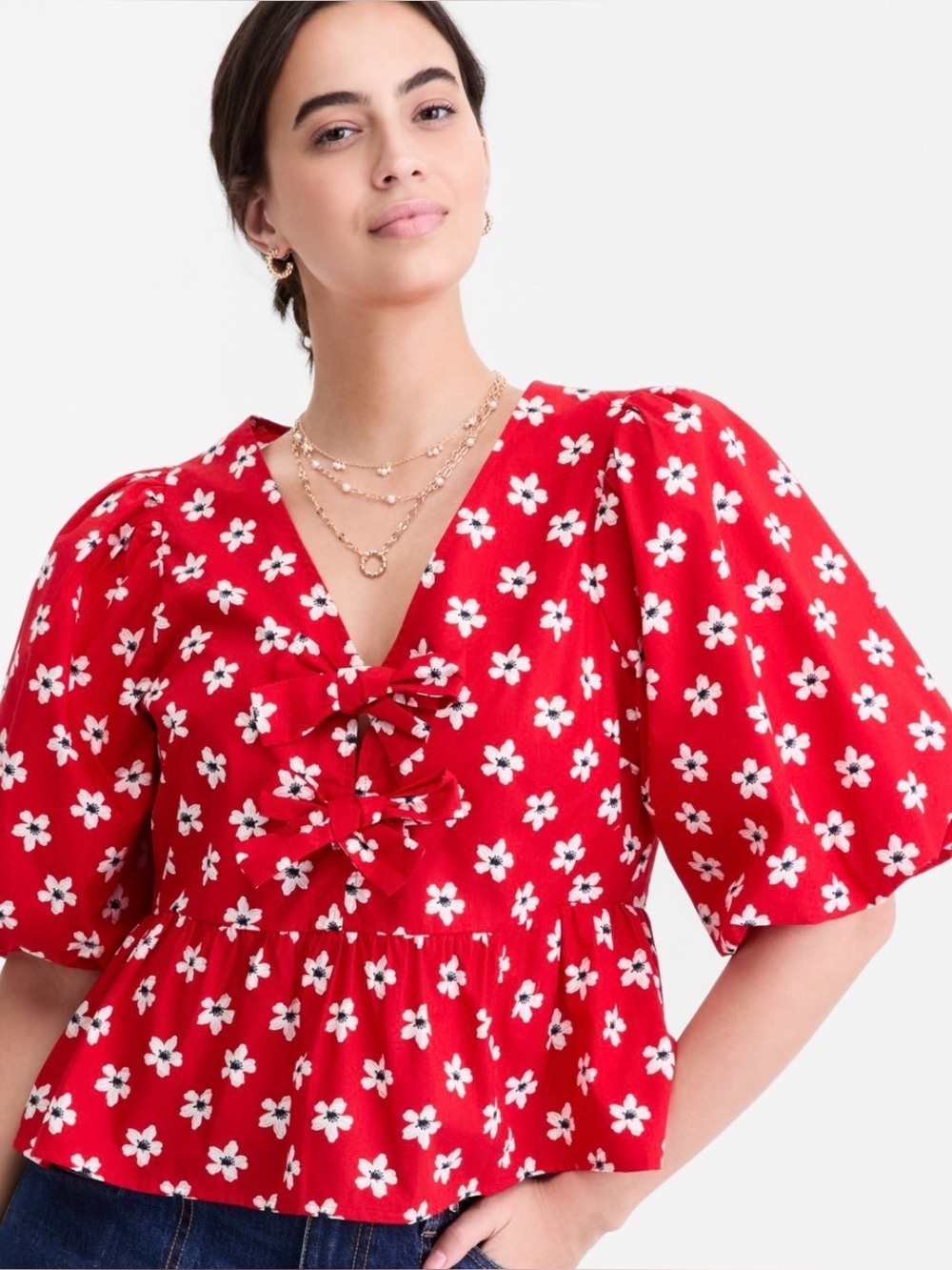 ON 34TH NWT Red Floral Puff Sleeve Peplum Blouse Small